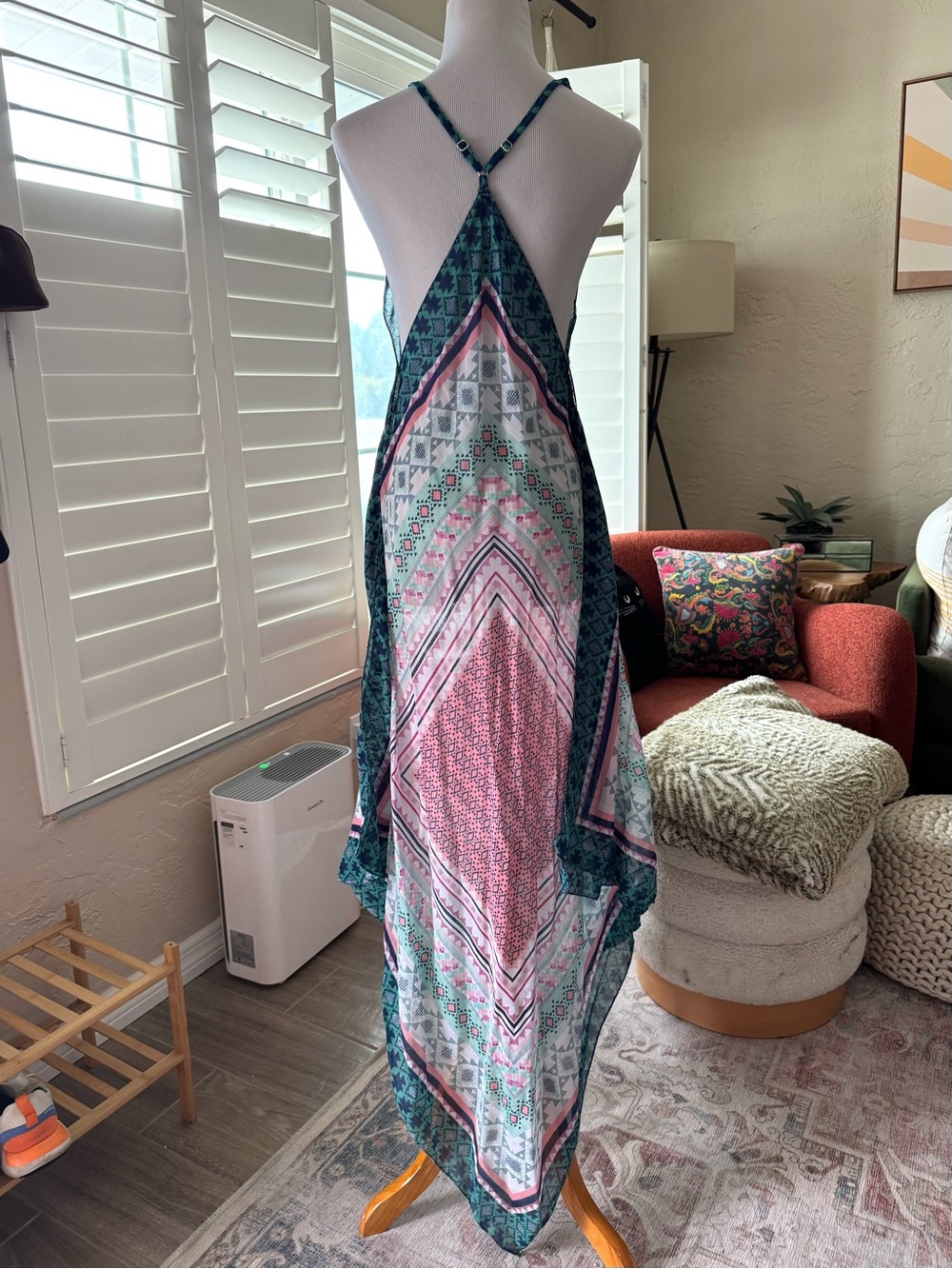F21 Sheer Boho V-Neck Pink & Teal Maxi Cover Up/Dress - Picture 5 of 5